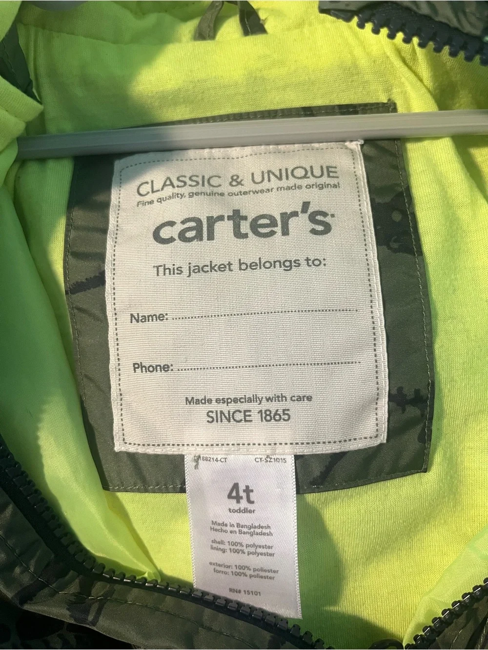 Carter's Olive Green Dinosaur Skeleton Hooded Rain Jacket